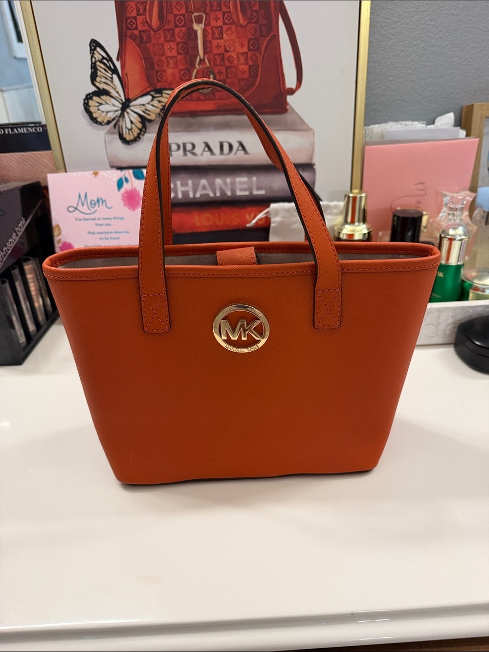 Michael Kors Orange Saffiano Mini Tote with Gold MK Emblem